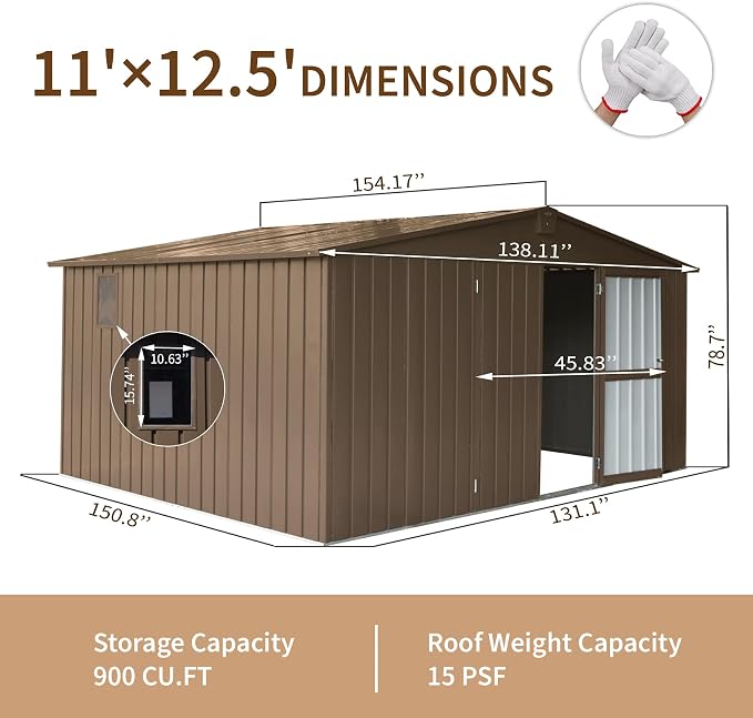 IKERY Extra Large Galvanized Steel Storage Shed 11' x 12.5' - Image 7
