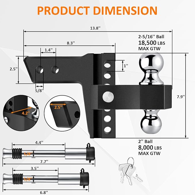 Adjustable Trailer Hitch-Drop Hitch Fits 2.5-Inch Receiver -6" Drop/Rise Tow - Image 4