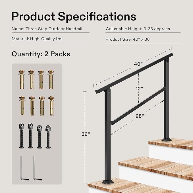 VIVOSUN 2-Pack Outdoor Handrail, 3 Step Stair Handrail, Wrought Mattle Iron - Image 2
