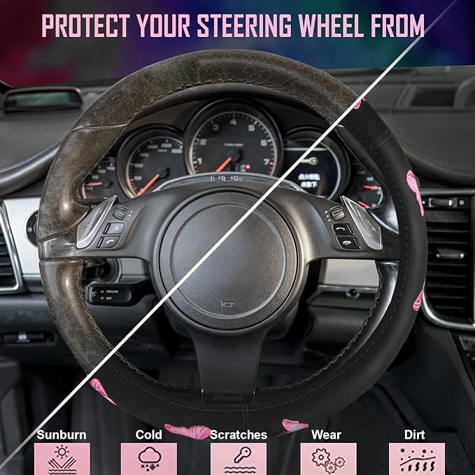 Car Pass Pink Embroidery Butterfly Steering Wheel Cover, Universal 15 Inch Car - Image 2