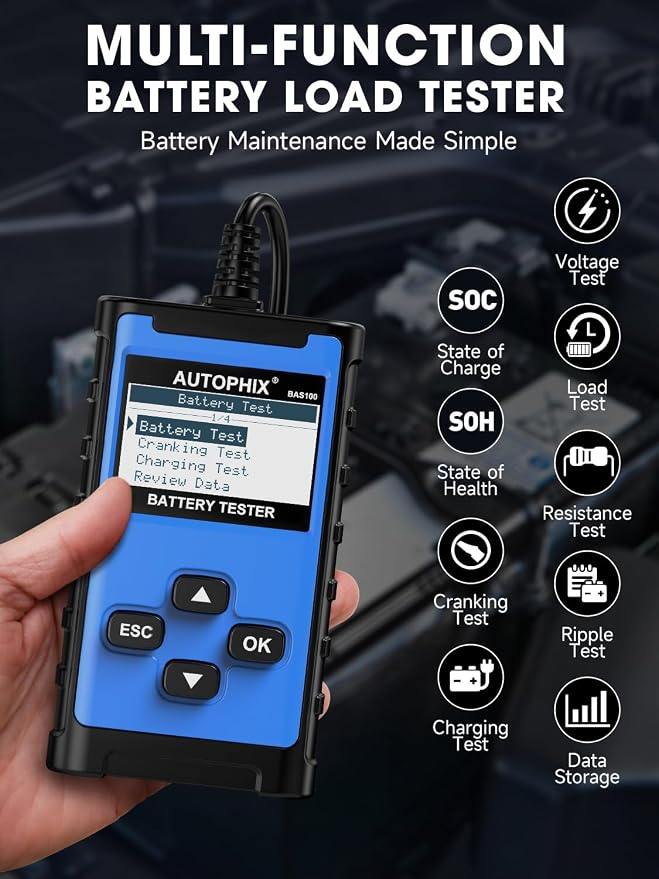 AUTOPHIX BAS100 Car Battery Tester, 12V 24V Load Tester, 100-2000 CCA Digital - Image 2