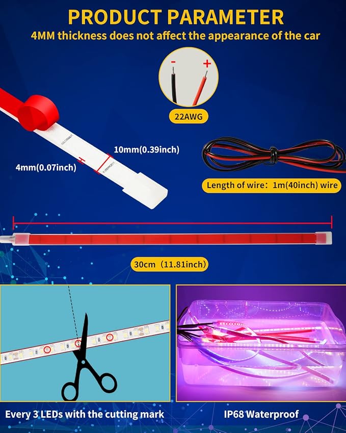 12V Led Strip Light, Car Interior Light Strip IP68 Waterproof Cuttable - Image 2
