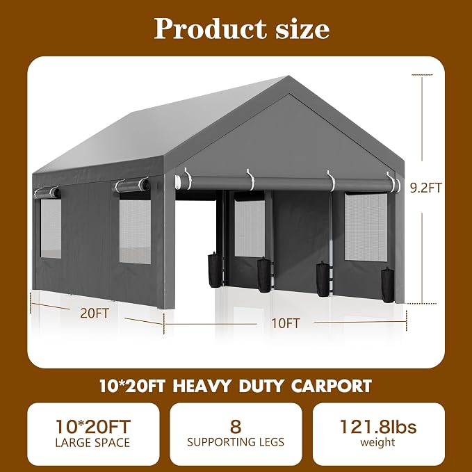 Walsunny Carport, 10x20 ft Heavy Duty Carport Canopy - Image 2