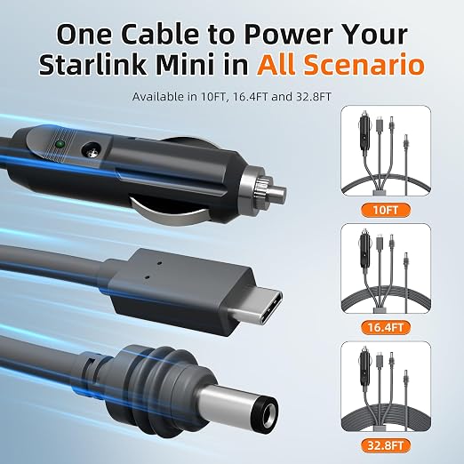 Starlink Mini Power Cable 3-in-1 33FT/10M USB-C to DC 12-24V Car Power Cord - Image 3