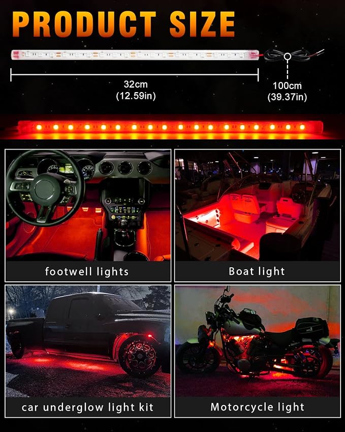 Qasim Car LED Strip Light 12V Red 12.5''/32CM - Image 2