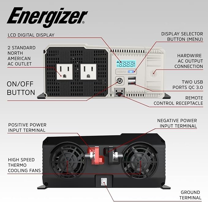 Energizer 1500 Watt 12V Pure Sine Inverter Dual AC Outlets & USB, Installation - Image 4