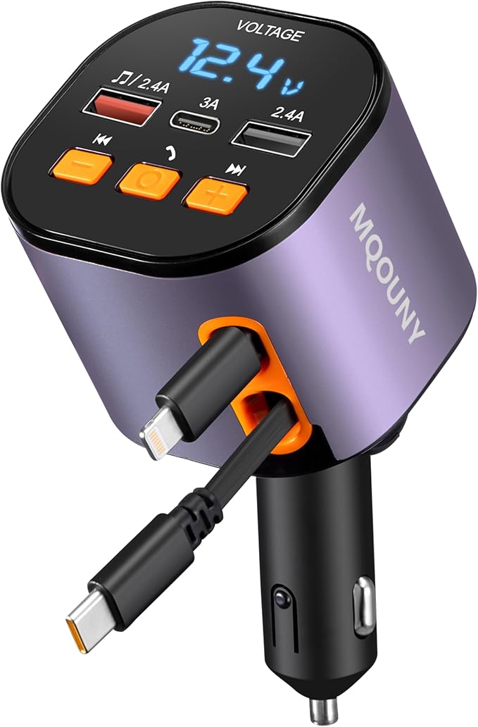 Retractable Car Charger, 5 in 1 Fast Car Phone Charger 90W, Handsfree Call by MQOUNY