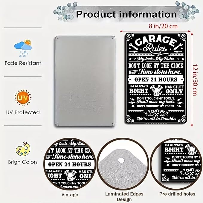 Gifts for Men Dad Husband Funny Garage Rules My Tools My Rules Tin Sign Vintage - Image 2