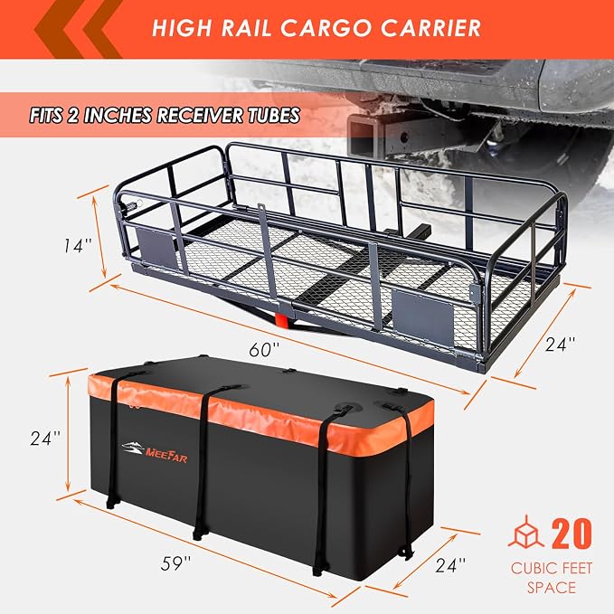 MeeFar High Rail Trailer Folding Hitch Mount Cargo Carrier Basket 60" X 24" X - Image 2