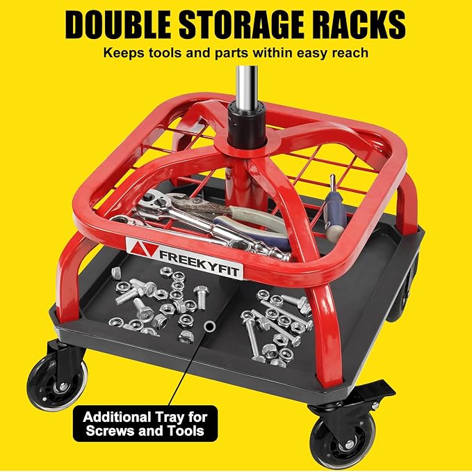 Rolling Shop Stool with Wheels, Garage Work Mechanic Stool with Backrest - Image 2