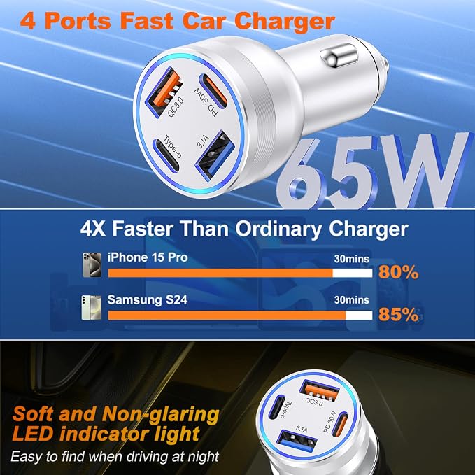 USB C Fast Car Charger, 65W 4-Port Dual USB-C & USB-A Multiport Car Phone - Image 2