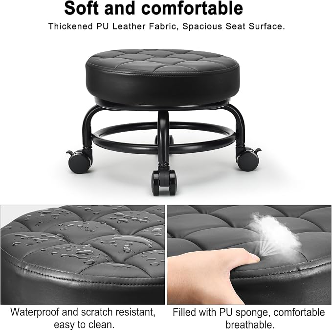 Low Roller Seat Low Height Rolling Stool PU Leather Rolling Stool, Modern - Image 4