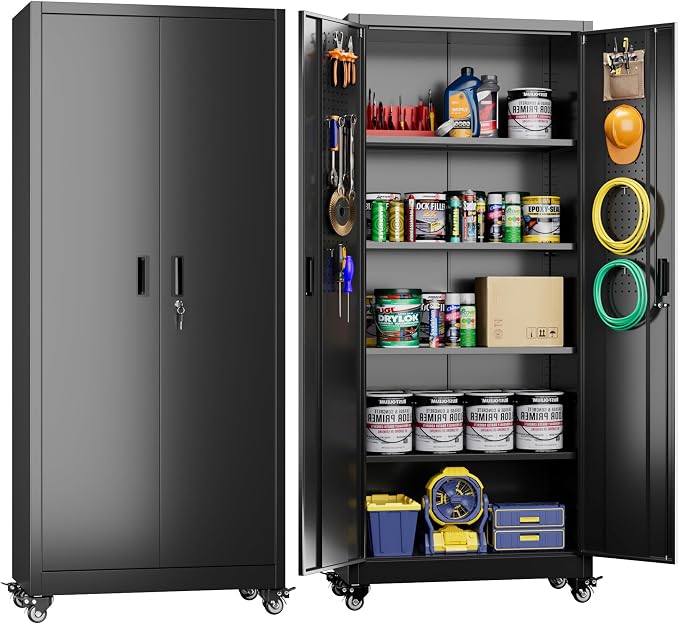 Garage Storage Cabinet with with Pegboard and Wheels, Tool Storage, Home Office by SUXXANFurniture