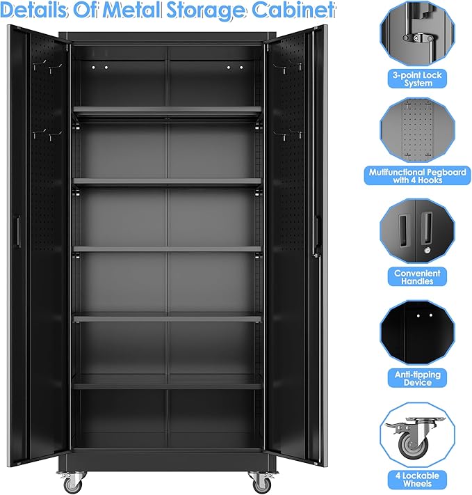 Garage Storage Cabinet with Wheels & Pegboard, Assembly Required - Image 5