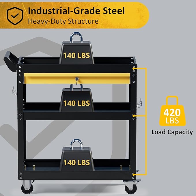 3 Tier Rolling Tool Cart on Wheels, Heavy Duty Utility Cart, Work Cart - Image 3