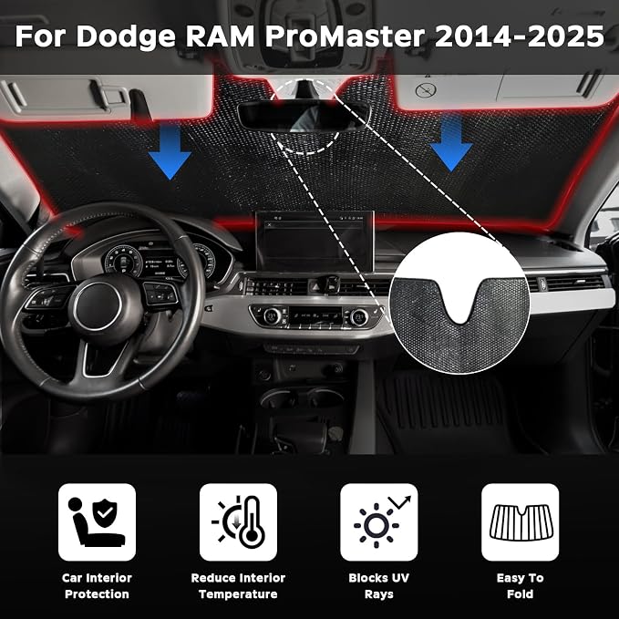 Windshield Sun Shade for 2014-2025 Dodge RAM ProMaster Full Size Cargo Van - Image 2