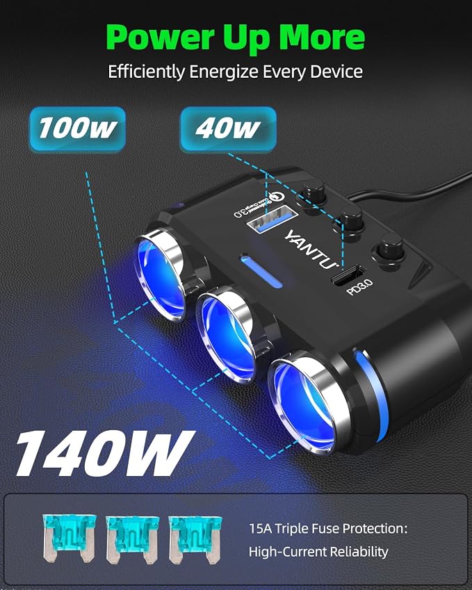 YANTU QC3.0&PD 40W Cigarette Lighter Adapter, 3-Socket 140W Car Cigarette - Image 3