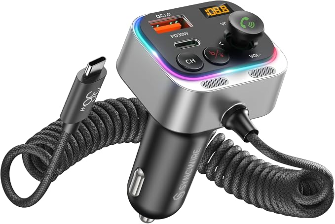 Syncwire Bluetooth 5.4 FM Transmitter Car Adapter 66W PD & QC 3.0 Fast Charging by SYNCWIRE