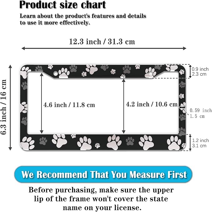 License Plate Covers Black and White License Plate Frames Paw Print Dog Cat - Image 2