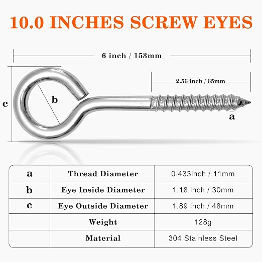 2Pcs Self Tapping Eyelet Screw Eye Bolt，6 Inch Heavy Duty Screw Eyes Hooks ，M10 - Image 2