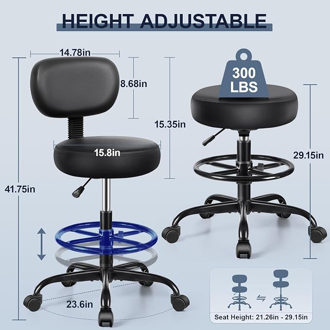 Drafting Chair with Backrest – Adjustable Foot Rest Rolling Stool with Wheels - Image 3