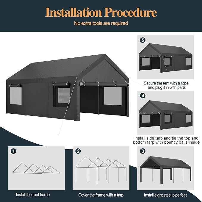 Shintenchi Carport 10' x 20' Heavy Duty Portable Garage, Carport Canopy - Image 6