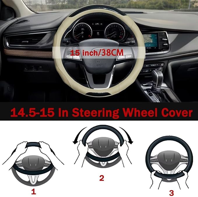 Car Steering Wheel Cover with Cup Coasters, Universal 15 inch Leather Carbon - Image 5