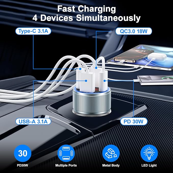 Car Charger USB C, Besgoods 65W 4-Port USB Cigarette Lighter Adapter - Image 2