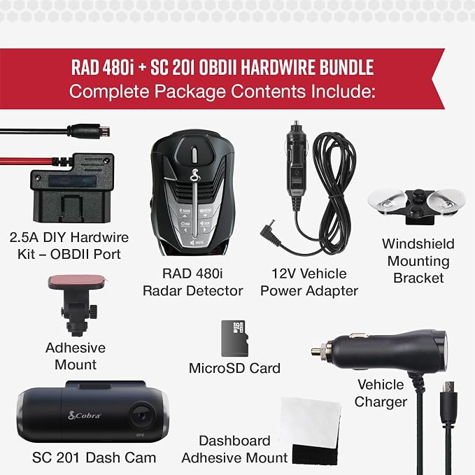 Cobra RAD 480i Radar Detector & SC 201 Smart Dash Cam + 2.5A OBD Port to Micro - Image 6