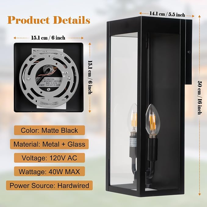 Outdoor Wall Lights 16 Inch Large, 2 Pack Black Modern Exterior Lighting - Image 7