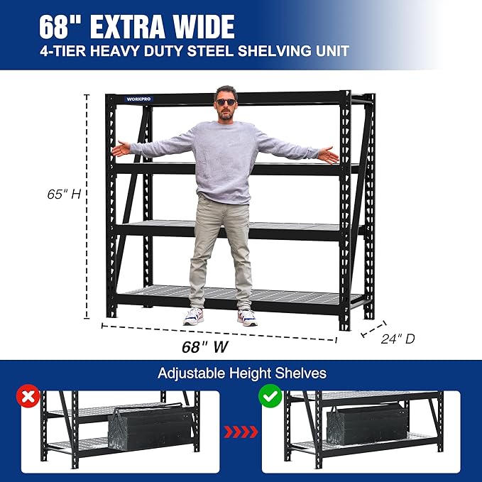 WORKPRO 68" Ultra Wide 4-Tier Metal Garage Shelving Unit, 7200 LBS Capacity - Image 2
