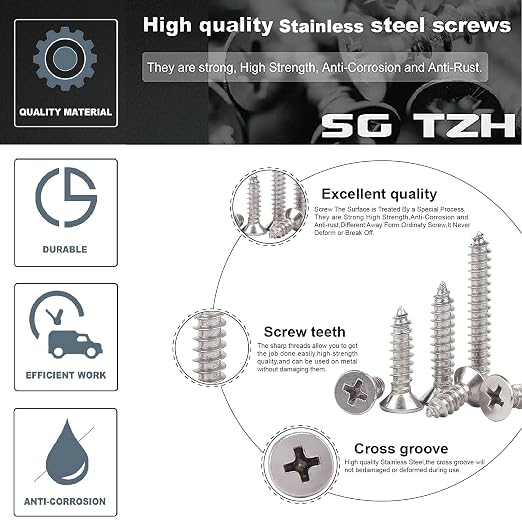 #12 x 5/8" Wood Screw 100Pcs 18-8 Stainless Steel Screws Flat Head Phillips - Image 4
