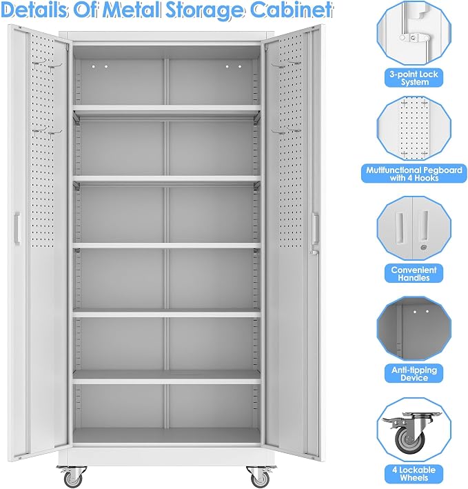 Garage Storage Cabinet with Pegboard and 5 Adjustable Shelves, Tool Storage - Image 4