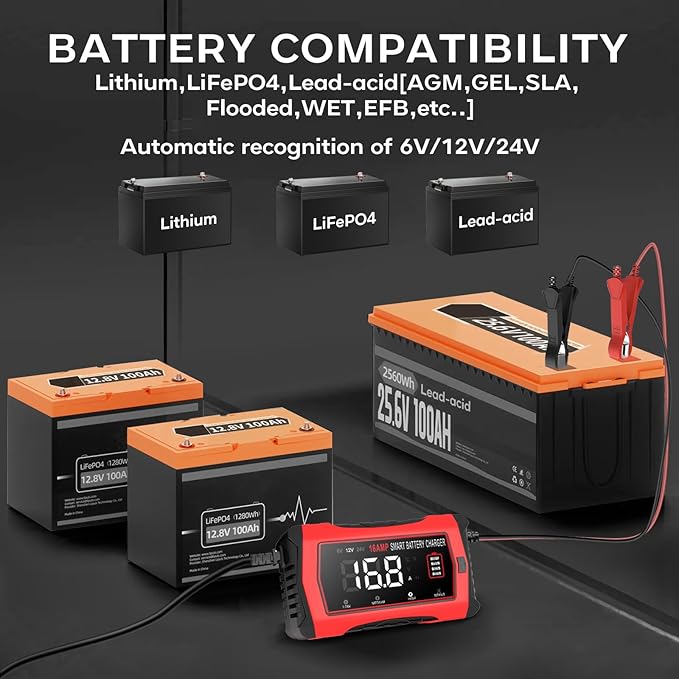 16-Amp 24V/12V/6V Portable Car Battery Charger, Smart LiFePO4 Lithium Lead-Acid - Image 5