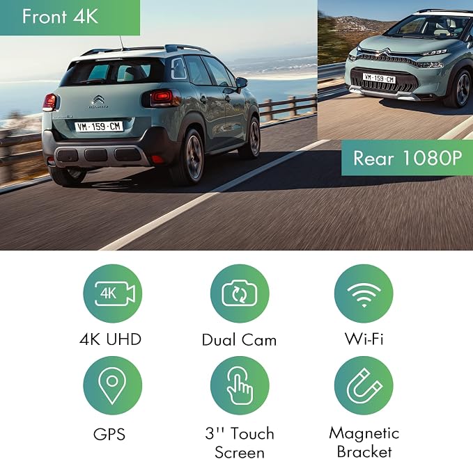 4K Dual Dash Cam Front and Rear, Wi-Fi GPS, 3 Inches IPS Touch Screen, Car - Image 2