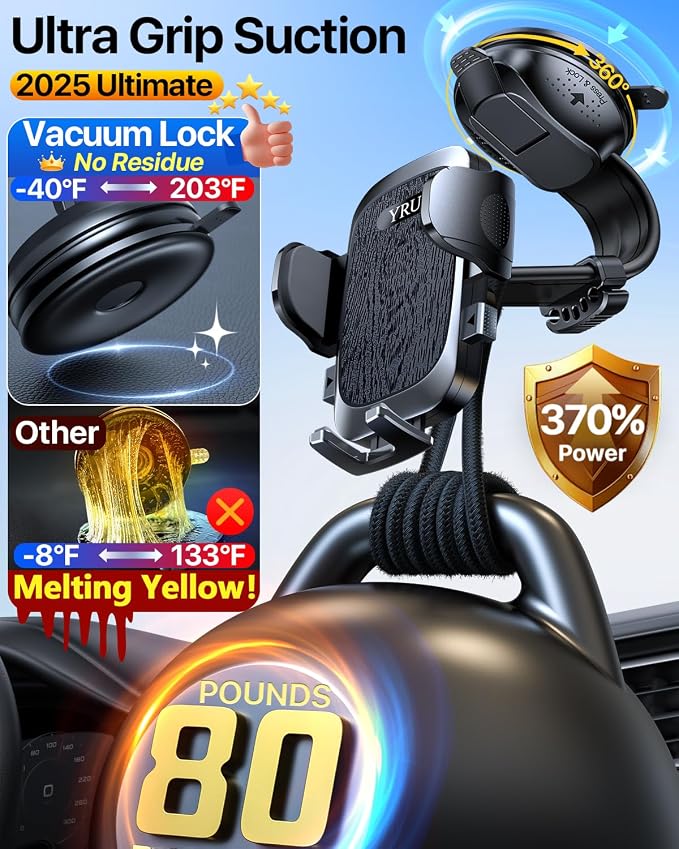 YRU Cell Phone Holder for Car Dashboard Windshield Phone Stand for iPhone 16 15 - Image 2