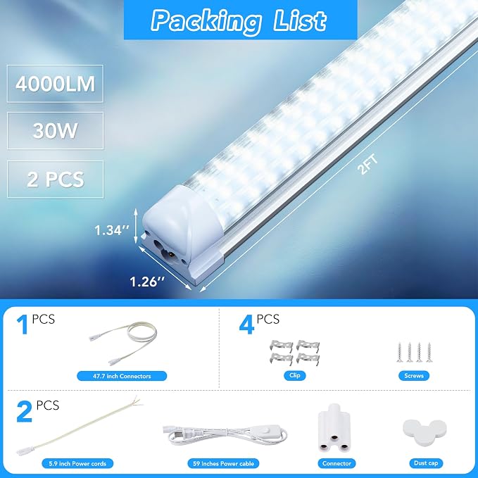 2 Pack 2FT T8 LED Shop Lights, 30W Integrated Tube Light, 4800LM 6000-6500K - Image 5