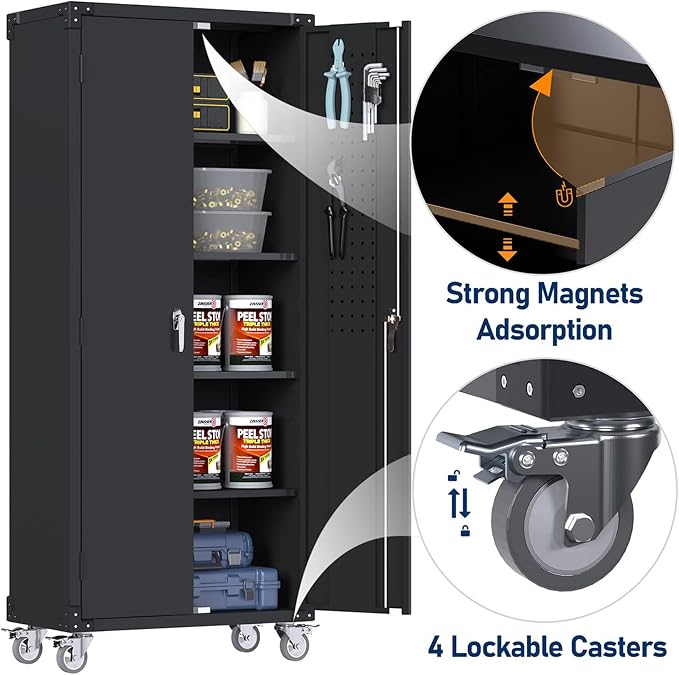 Garage Storage Cabinet with Wheels & Pegboard, Assembly Required - Image 5
