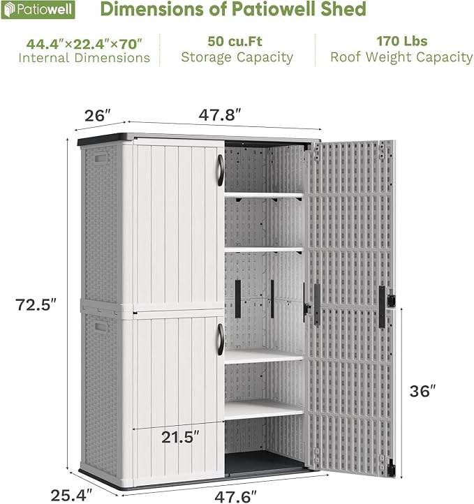 Patiowell 50 cu.ft Plastic Outdoor Storage Shed, Lockable Waterproof Resin - Image 7