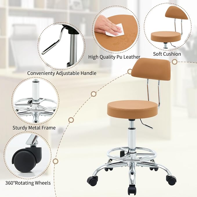 Rolling Stool with Back, Adjustable Tattoo Rolling Chair 19.5’’-26.6’’ - Image 4