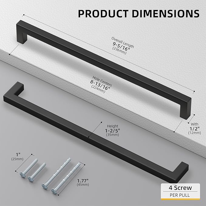 Goldenwarm 1 Pack Black Square Bar Cabinet Pull Drawer Handle Stainless Steel - Image 2