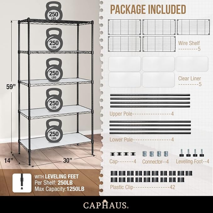 CAPHAUS NSF Adjustable Height Wire Shelving Unit w/Liner, 5-Tier Metal Steel - Image 3