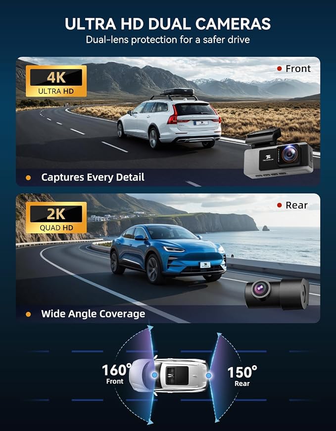 TECXLERON Dash Cam Front and Rear, 4K Dual Dash Cam, Dash Camera - Image 2