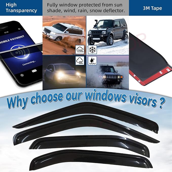 Set of 4 Front+Rear Smoke Sun/Rain Guard Outside Mount Tape-On Acrylic Window - Image 2