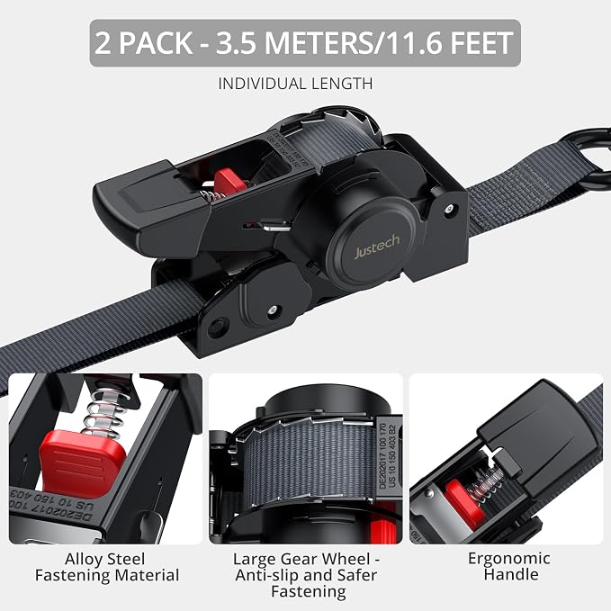 Justech 2 Pack Retractable Ratchet Straps, 1 in x 11.6 ft-1411 lbs Break - Image 2