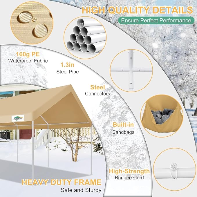 COBIZI Carport 12x20ft Heavy Duty Portable Garage, 2.0 Powder Coated Frame - Image 3