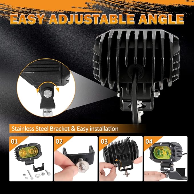 Auxbeam 4 Inch LED Amber Pod Light, 5050 Driving Light 60W Yellow Flood Beam - Image 5