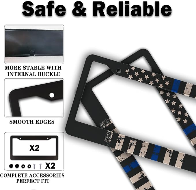 License Plate Frames Black, and Blue Car Plate Frames Thin Blue Line USA Flag - Image 4