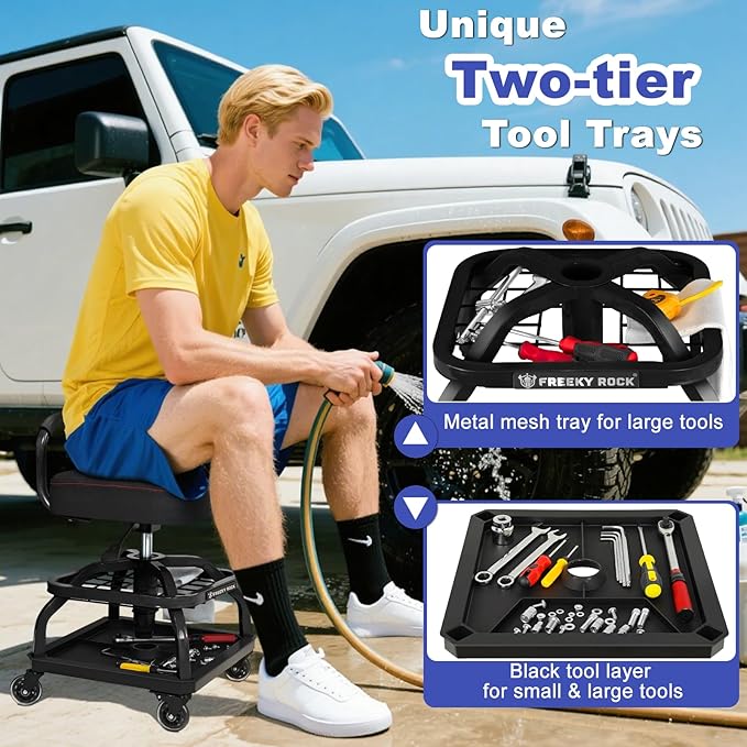 Rolling Shop Stool with Wheels, Garage Mechanic Shop Chair with Handle Backrest - Image 3