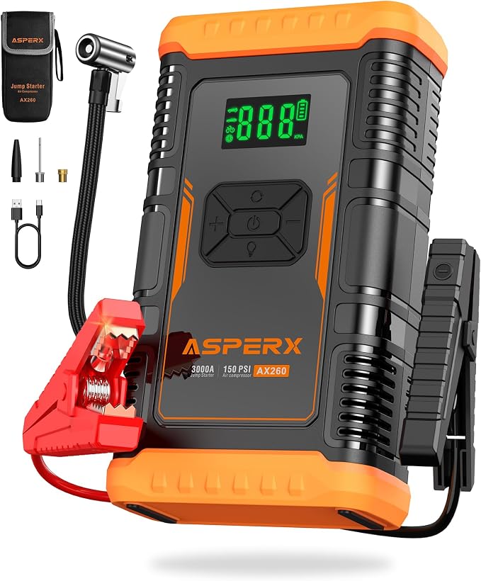 ASPERX Jump Starter with Air Compressor, 【Upgrade & Safety Certs】10L Gas/8L by AsperX